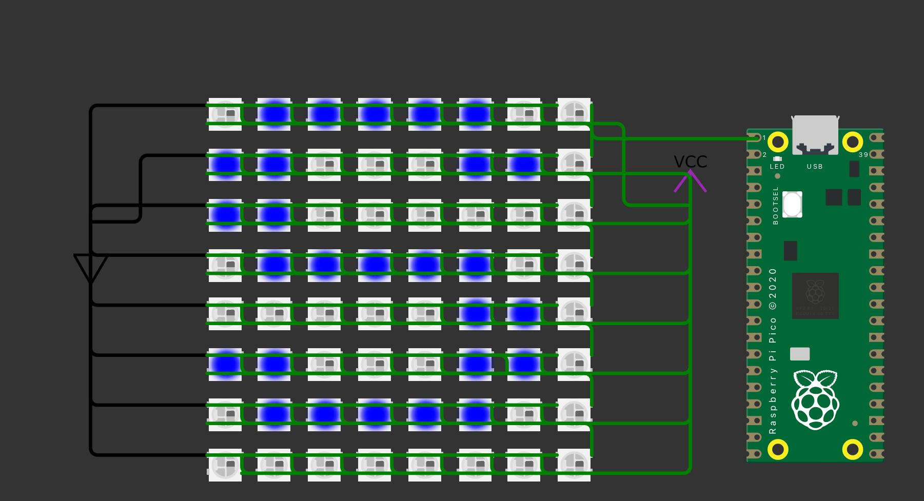 The letter 'S' in blue on a grid of neopixels